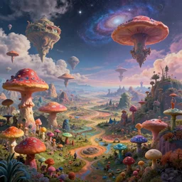 a view of a surreal alien variated planetary fractal landscape with gigantic and small colorful exotic fungus of varying sizes scattered across the vast landscapes, surreal clouds, floating islands, 4 k, retro, detailed, vibrant, weird skies, extradimensional, stars, galaxies, trending on artstation