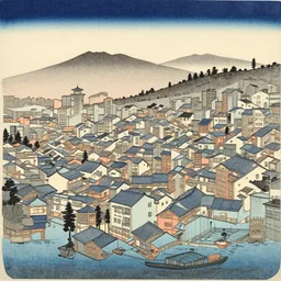 japanese woodblock print art, crooked city