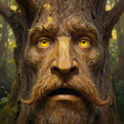 a talking tree, a face in the bark, mouth in the bark, nose made of wood, clear yellow eyes in the bark, fantasy concept art, big moustache, digital painting, oil painting, hyperrealistic, beautiful, treebeard, ent, magical, highly detailed, soft lighting, golden sunlight, very detailed eyes, artstation, cgsociety, in the forest, by alan lee, by artgerm