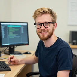painting of a 3 0 year old male software developer, lean build, short blonde hair, short beard, black rim glasses, friendly