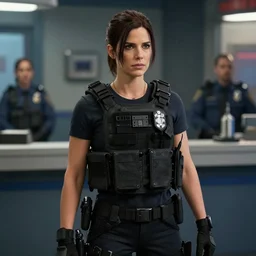 Sandra bullock as Claire redfield in resident evil 2, police station, tactical gear
