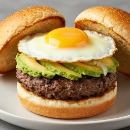 juicy vegan hamburger topped with avocado onion and a vegan fried egg, crispy buns, 8 k resolution, food photography, studio lighting, sharp focus, hyper - detailed
