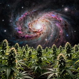 space nebula over cannabis garden at the end of the universe, trippy, hyper detailed, intricate, mind - bending, masterpiece by zdzisław beksinski or conrad roset, tom whalen, mark ryden, chip zdarsky, dramatic lighting, strong shadows, volumetric, cinematic atmosphere, octane render, artstation, 8 k, hdr, hd