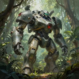a painting of a gigantic mech in the middle of a jungle, a detailed matte painting by christophe vacher, cgsociety contest winner, fantasy art, matte painting, matte drawing, concept art
