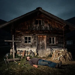 1 9 2 0 s photography of an old farmers hut in the dolomites, farmer with seizure lying on the ground, farmer tools, wooden cross, bones, haystack, dark, eerie, grainy
