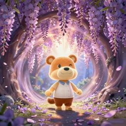 animal crossing skye under Wisteria, floral explosion, radiant light, vortex of plum petals, oil painting, Tooth Wu, Greg Rutkowski, RPG portrait, dynamic lighting, fantasy art, High contrast, depth of field