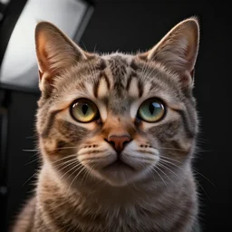 a cat with spiral eyes. octane renderer. extreme detail. dark background. dramatic light. softbox. 8 k.