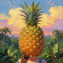 closeup, enormous pineapple head, girl surrounded by djungle, surreal photography, golden hour, colorful clouds, impressionist painting, digital painting, artstation, simon stalenhag