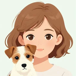 seven year old girl with short wavy curly light brown hair with a wire haired jack russell terrier puppy, white with brown patches over both eyes. detailed face. clean cel shaded vector art by lois van baarle, artgerm, helen huang, by makoto shinkai and ilya kuvshinov, rossdraws, illustration, art by ilya kuvshinov