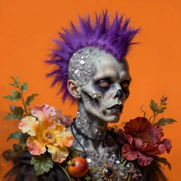 a portrait of a punk rock zombie, purple mohawk, head made out of crystals, large fruit and flowers, Baroque, art by Arcimboldo, hyperrealism, elegant, digital painting, artstation, neon orange background