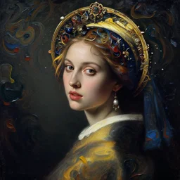 a portrait of a very beautiful kpop goddess, seductive look, intricate and detailed halo with hair radiating swirling paint and impasto by irakli nadar, vermeer and caravaggio, background is volumetric displacement, paint swirls, no hands, hyperreal, dark, dramatic lighting, analogous complementary colour scheme