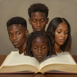 a painting of three brown men and a brown woman emerging out of a giant open book, hyperrealistic faces, detailed digital art, aesthetic!, trending on artstation