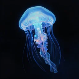 a painting of a jellyfish in blue water, a digital painting by Earnst Haeckel, featured on deviantart, digital art, bioluminescence, luminescence, black background
