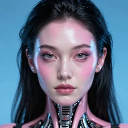 hyperrealistic close-up of baroque cyborg woman with black hair and pearlescent pink skin wayne barlowe key sage very soft blue neon lighting on one side wide angle 35mm shallow depth of field 8k