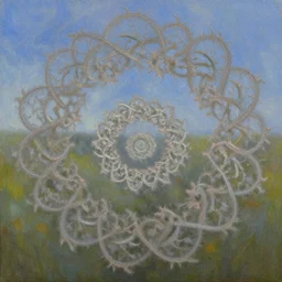 fractal - esque patterns began to emerge in my visual field, delicate intricacies weaved through my thoughts, the land, my perceptions, the sky, blended and braided through all that is past and all that is to come, realistic oil painting,