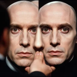 Columbo interviewing Hannibal Lecter, cinematic, movie still, symmetrical faces!!!, round symmetrical eyes!!!, kodak 2383 film