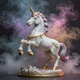a statue of a ramping unicorn sourrounding by a colorful smoke, victorian baroque, hyperrealistic, detailed, depth of field, High definition, 8k, depth of field, octane render, artstation