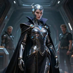 detailed portrait of a cyborg, necromancer, benevolent, scifi, futuristic, elegant cape, glow, concept art, sharp focus, inside a space ship, trending on artstation, intricate, advanced technology, art by roman makarenko and simon almeida and marcos melco