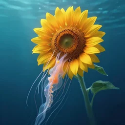 a sunflower flower floating underwater like a jellyfish, leaves as tentacles, photographic, photorealistic, volumetric lighting, detailed, smooth, artstation, octane render, wolp and artgerm
