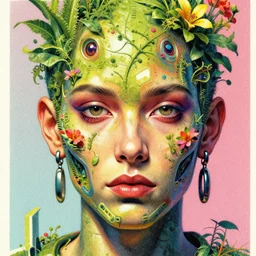 risograph grainy drawing futuristic sci - fi antagonist face wearing earrings, photorealistic colors, face covered with plants and flowers, by moebius and satisho kon and dirk dzimirsky close - up portrait, hyperrealistic