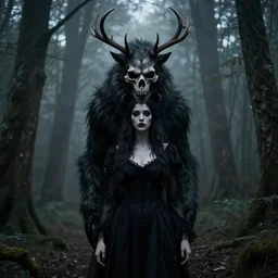 style artgerm, joshua middleton, diego fazio, marc simonetti : : scary wendigo with antlers and skull face mixed with werewolf : : [ [ beautiful witch wearing a black dress, symmetrical face, on the right side ] ] : : in the forest, detailed, dark and foggy, cinematic lighting
