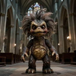 A practical effects puppet of a cute by scary Monster with scaly skin and crazy hair by Rick Baker and Chris Walas, inside a gothic cathedral.  A film screenshot from a horror movie directed by David Cronenberg.  Cinamatography by Denis Villeneuve and Christopher Nolan.