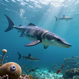 underwater view of prehistoric era predators and prey, mosasaurus, ammonites, sea scorpions, prehistoric sharks, octane render, cinema 4 d, light rays, cinematic lighting, golden ratio, underwater photography, realistic, volumetric lighting, wildlife documentary, by greg rutkowski