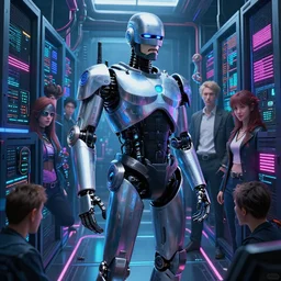 highly detailed surreal neon robot android in the data center. robocop, scream, stephen bliss, unreal engine, greg rutkowski, loish, rhads, beeple, makoto shinkai and lois van baarle, ilya kuvshinov, rossdraws, tom bagshaw, global illumination, detailed and intricate environment