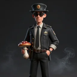 Retro styled dark noir fashion photo portrait of a mushroom inspector, noir film aesthetic, 3d render, smoke, tense atmosphere
