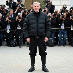 john paul ii posing in a black puffed nuptse, black cargo pants and high black boots, press paparazzi photograph