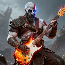 sunglasses kratos shredding on a flaming stratocaster guitar, cinematic render, god of war 2 0 1 8, santa monica studio official media, lightning, stripe over eye