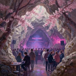 vaporwave nightclub in a cherry blossom limestone cavern. oil painting by indie concept artist. backlighting, chiaroscuro, intricate details, field of depth.
