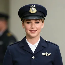 Jennifer Lawrence as a Navy Admiral wearing a reefer jacket and peaked cap, photo portrait