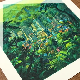 risograph cityscapes in deep jungle vaporwave palette by miyazaki