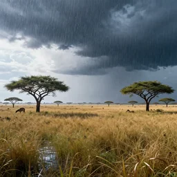 distant cyberpunk wildlife on the african plains, long grass, acacia trees, sparkling water, glistening, dramatic clouds, heavy rain, extreme weather, hyper realistic, hyper detailed, digital art, trending in artstation, cinematic lighting, vibrant, studio quality, smooth render, unreal engine 5 rendered, octane rendered, by jesper ejsing, wlop, paul lehr