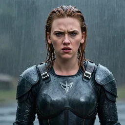 angry scarlett johansson, wearing rain soaked armour in heavy rain, incredibly fine detailed portrait, battle angel alita, black and white, dynamic angle, pencil and ink manga, elegant, full body profile, far way and above angle camera shot, highly detailed, dramatic full moon lighting, gothic castle in background