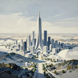 graphic, illustrative, simple, landscape guache painting future utopia city by james gurney