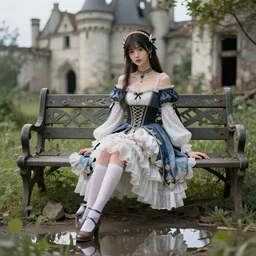 beautiful young girl in intricate clothing, sitting on a bench of an overgrown abandoned castle, reflections, very high intricate details, painting, digital anime art, medium shot, mid - shot, wlop, ilya kuvshinov, artgerm, krenz cushart, greg rutkowski, sana takeda