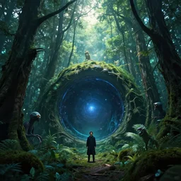intergalactic stargate portal in the middle of a dense forest, with light shining through the trees and strange creatures lurking in the shadows by zhang kechun