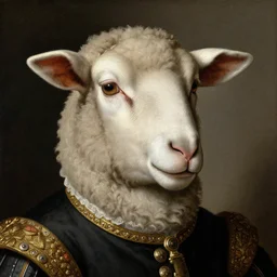 old renesaince painting of a sheep face, royal guard suit from 1 7 th century, serious look, highly detailed, sheep face, portrait painting, artstation, concept art, greg rutkowski