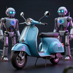 “a beautiful ultradetailed neon cinema 4d render of a classic vintage scooter, by Simon Stålenhag, robots surrounding the scooter, blacklight aesthetic, trending in artstation, landscape photo, deep depth of field”