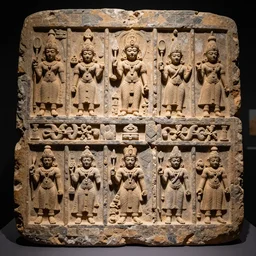 broken section of a stargate inscribed with Hindu deities. Ancient alien artifact by Pacal Votan. 4K high quality museum collection photograph
