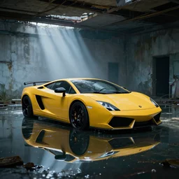 lamborghini gallardo slowly sinking into water with lights shining through pristine abandoned