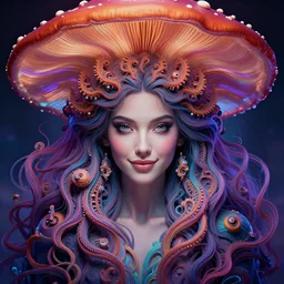 perfectly centered portrait, beautiful fractal mushroom goddess, female, flowing hair, intense stare, sweet smile, symmetrical, concept art, intricate detail, volumetric shadows and lighting, psychedelic colors, illustration by alex grey