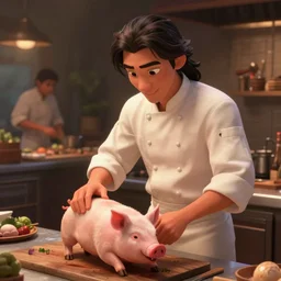 animation still frame of an attractive male chef ( long dark hair ) cooking a pig, high angle closeup portrait, ( ( wholesome, ) ) blurry background of the kitchen of a highend restaurant, disney, pixar, bloom, medium shot, waist up, dramatic lighting, in the style of studio ghibli, j. c. leyendecker, greg rutkowski, artgerm