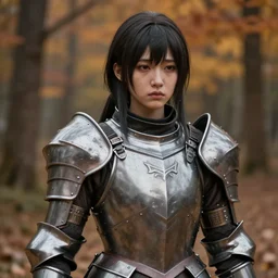 a masterpiece hyperrealistic ultradetailed fullbody photograph of a lifelike real human anime girl wearing steel plate armor, face, autumn forest background, made by wlop, sad, trending on artstation, actual person, k - pop, rough skin pores texture, photoreal image, desaturated, 3 d rendered, unreal engine 5, extremely detailed, sharp focus, 4 k