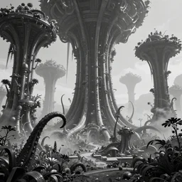 intricate concept illustration, fantasy, megastructure, large biomes, tentacles, flora, ultra photorealistic, sharp, haze, black and white, 8 k
