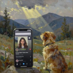 a dog watching tiktok on iphone, oil on canvas artstation by J. C. Leyendecker and Edmund Blair Leighton and Charlie Bowater octane render