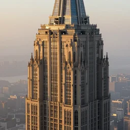 full detailed intricate schematic of worlds tallest building, gothic detail, glass and steel, golden hour, misty atmosphere