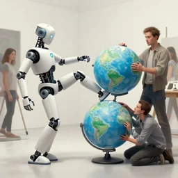 ai robot getting kicked and beat by humans artists but a globii save him, by simon stalenhag and rj palmer